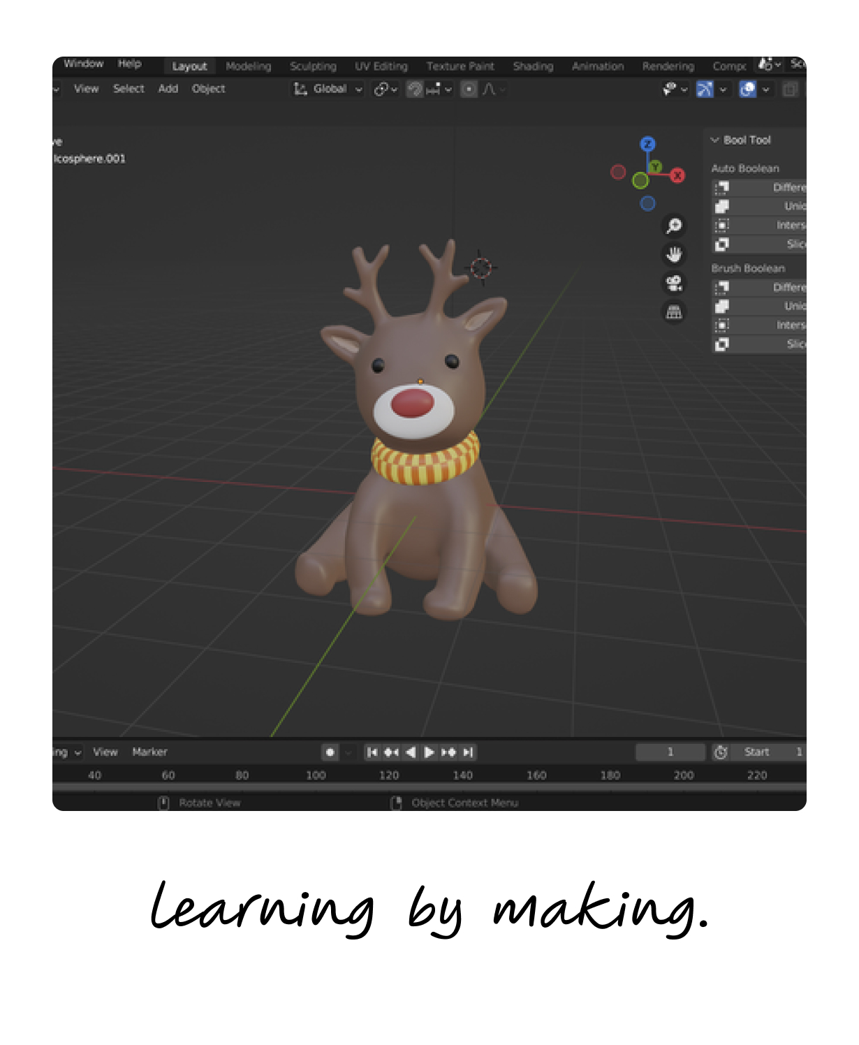 A 3D reindeer model in progress in Blender — learning by making.