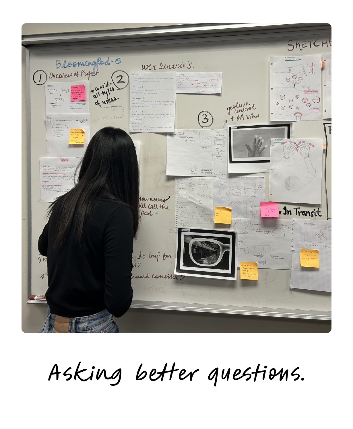 Studying a whiteboard covered in user scenarios and sketches — asking better questions.
