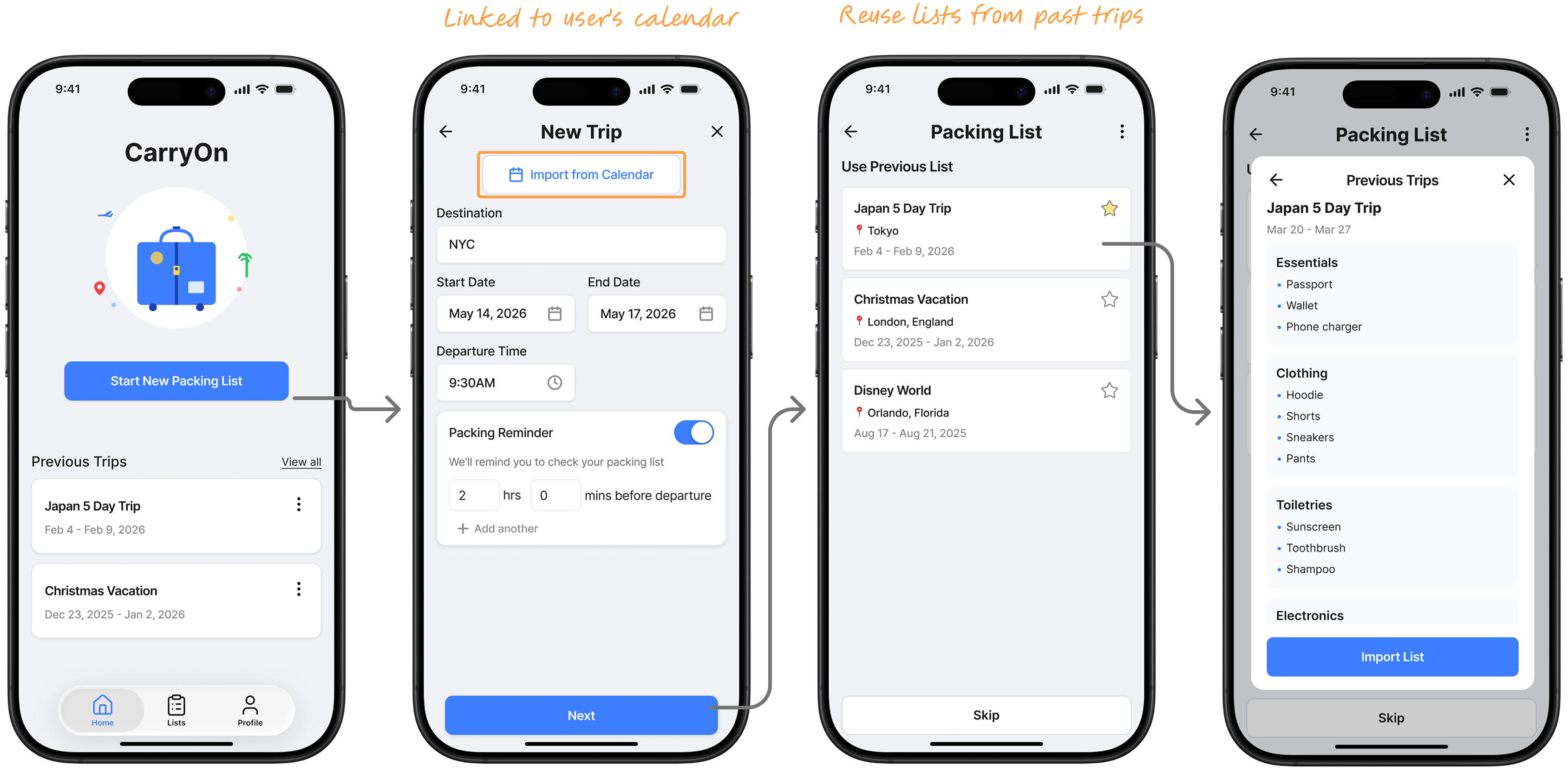 New trip form with calendar import and a list of previous trips to reuse