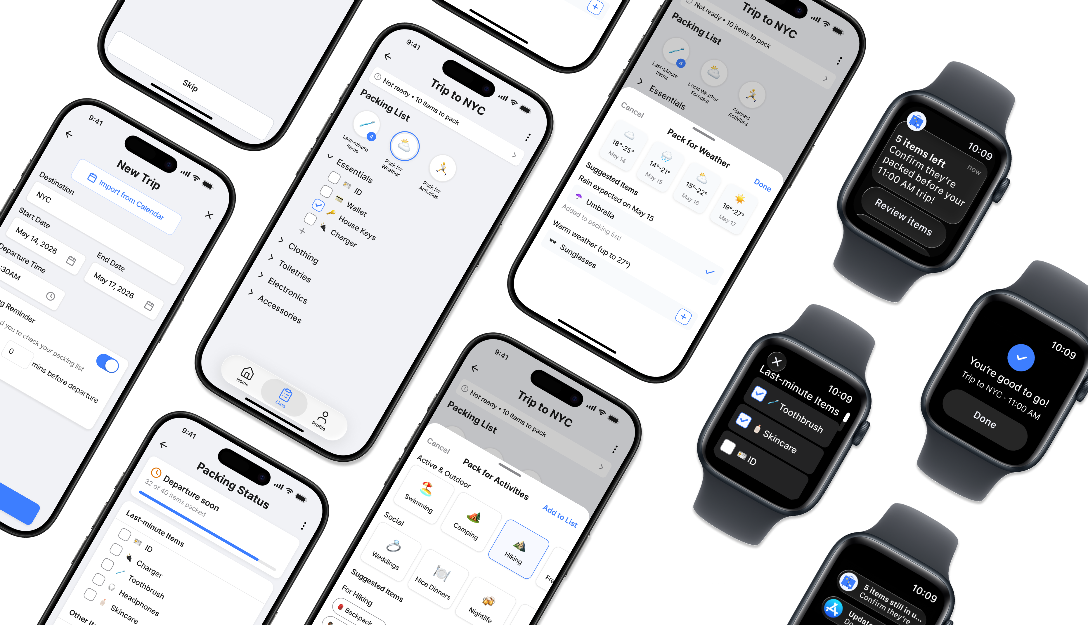 CarryOn app screens and Apple Watch packing flow laid out together