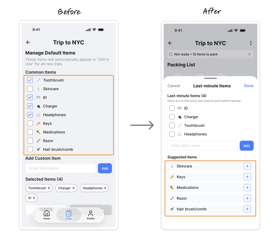 Usability finding — redesigning default and last-minute items to emphasize selection over task completion