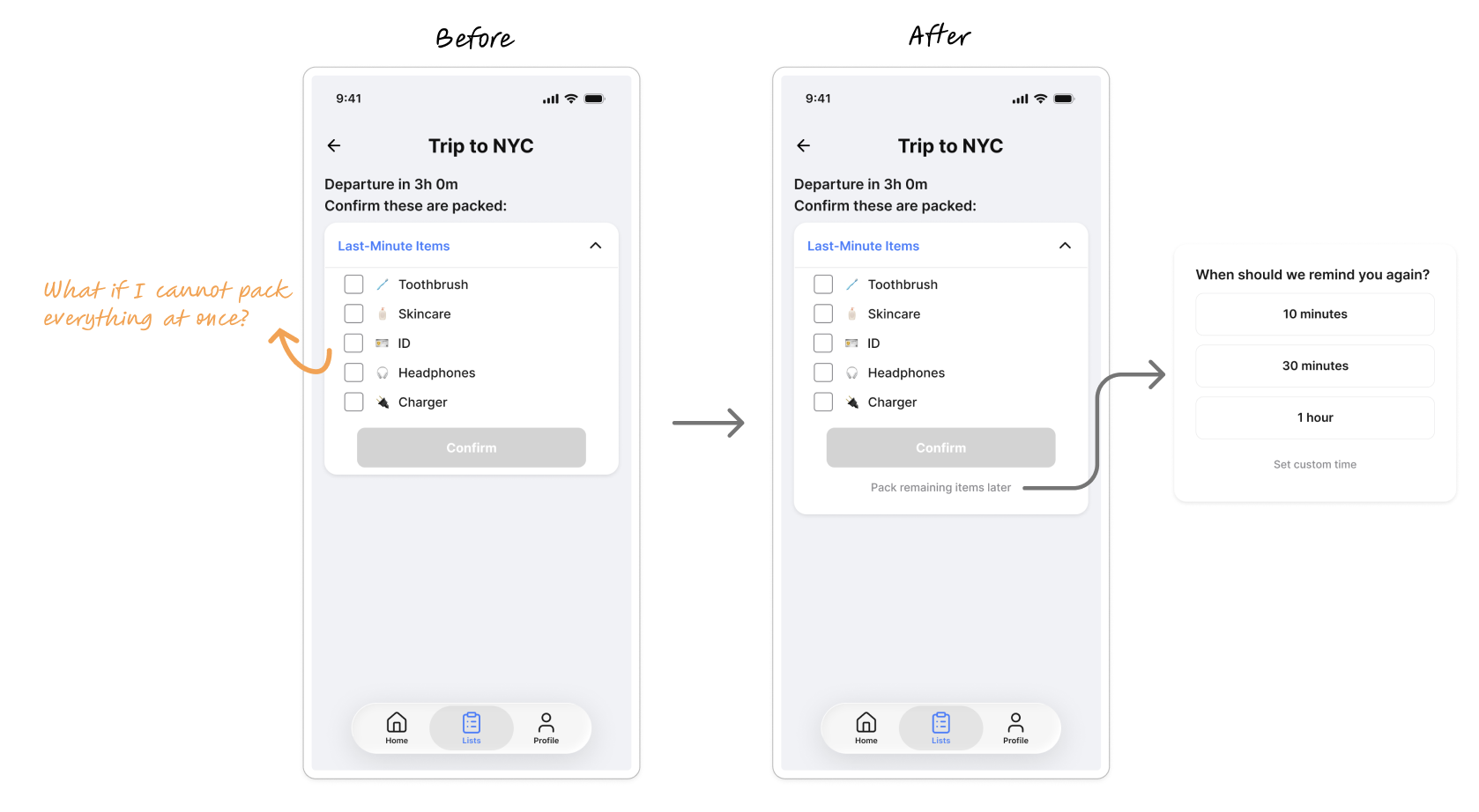 Usability finding — adding flexible reminder scheduling for packing across multiple sessions
