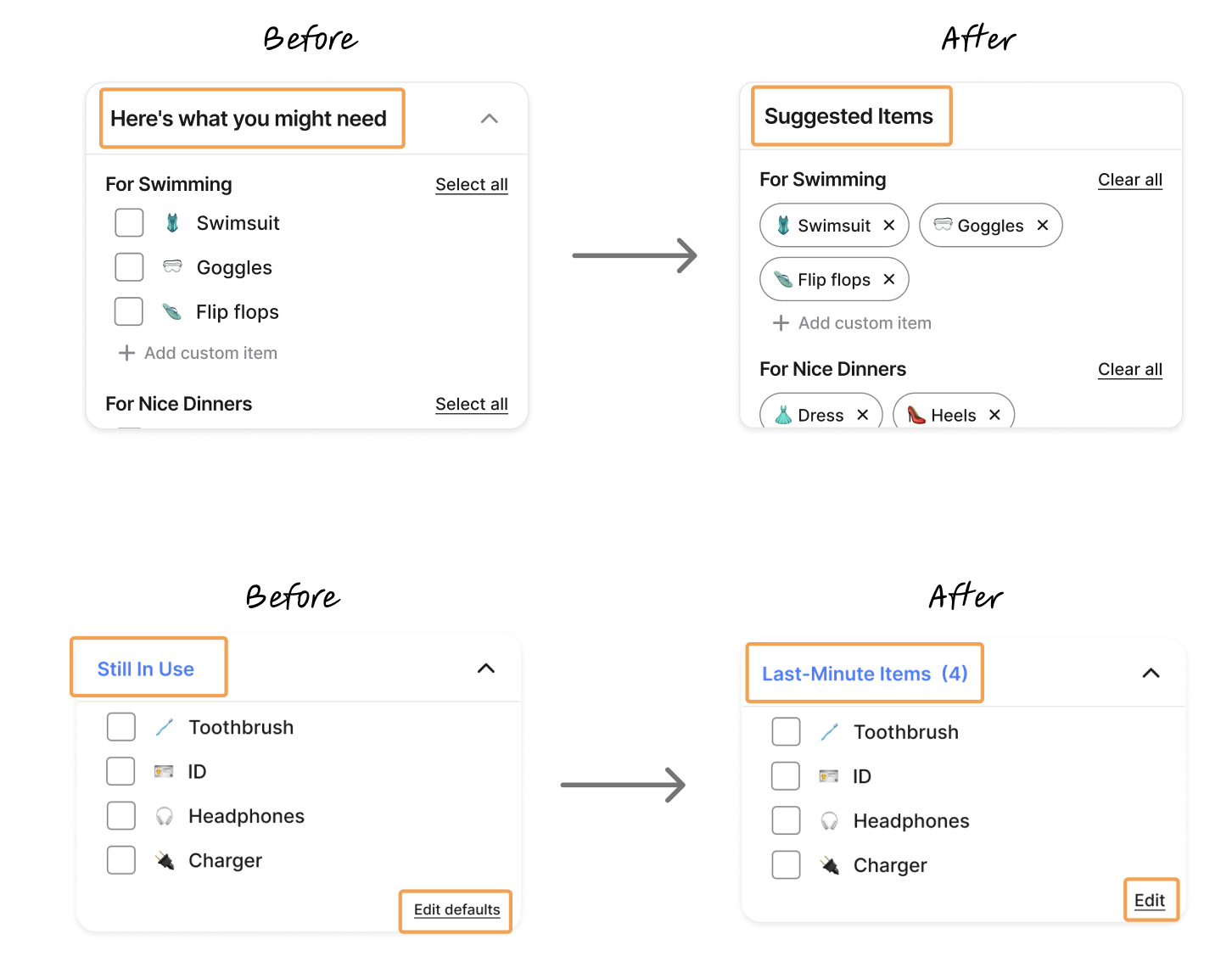 Usability finding — relabeling 'Still in Use' to 'Last-Minute Items' for clearer wording