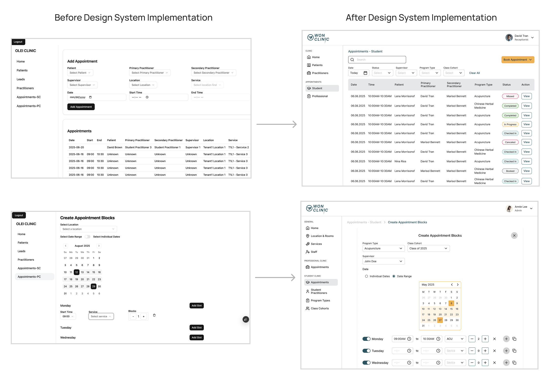 Before and after the design system — the same product screens rebuilt on the shared library