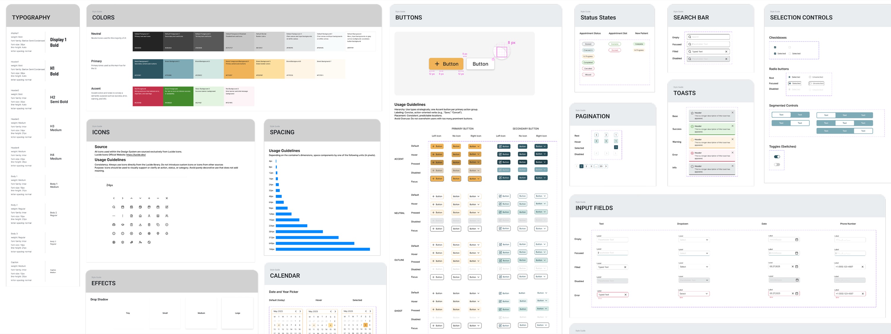 The full Olei Clinic design system on one canvas — typography, color, icons, buttons, inputs and more
