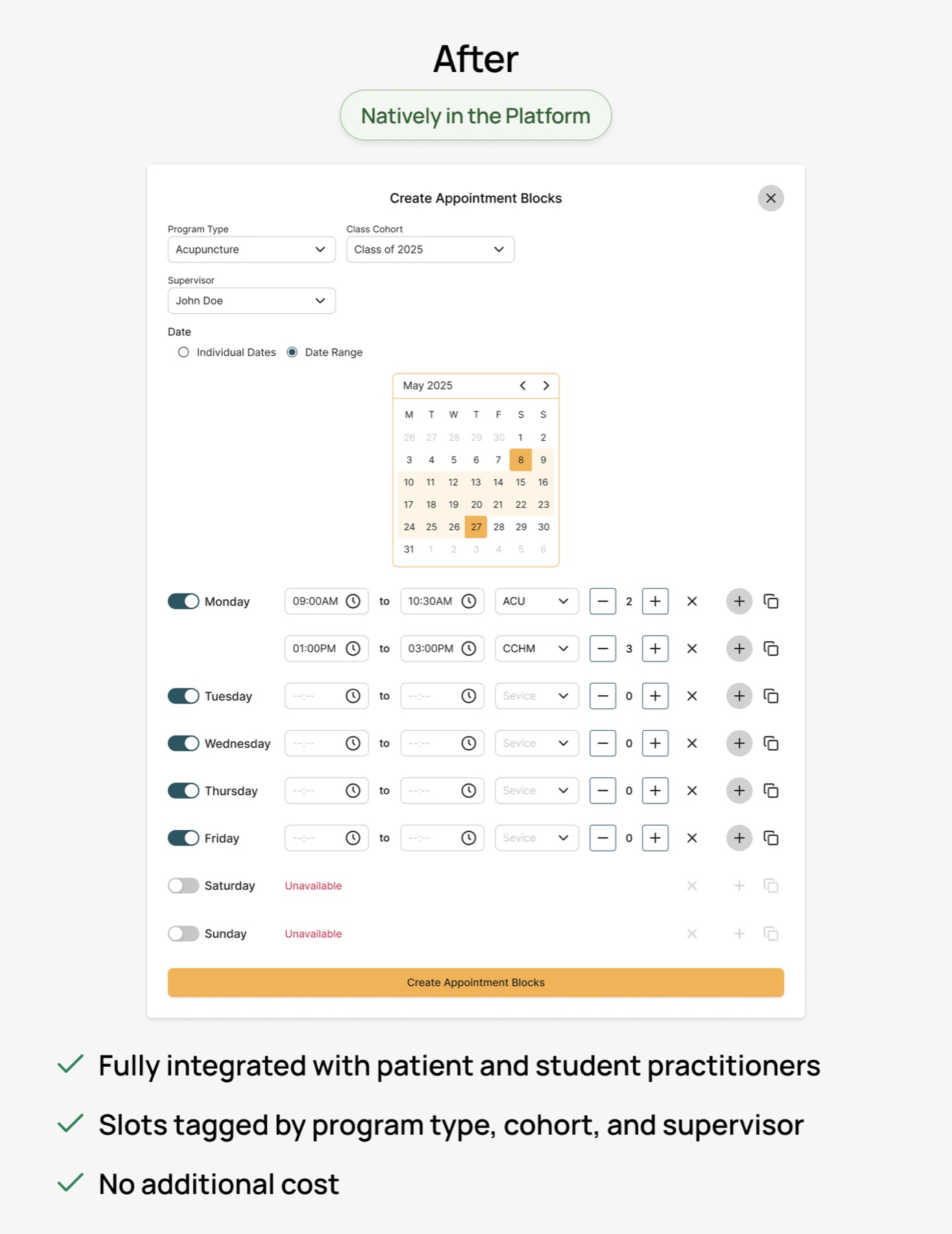 After: native appointment block generator, fully integrated