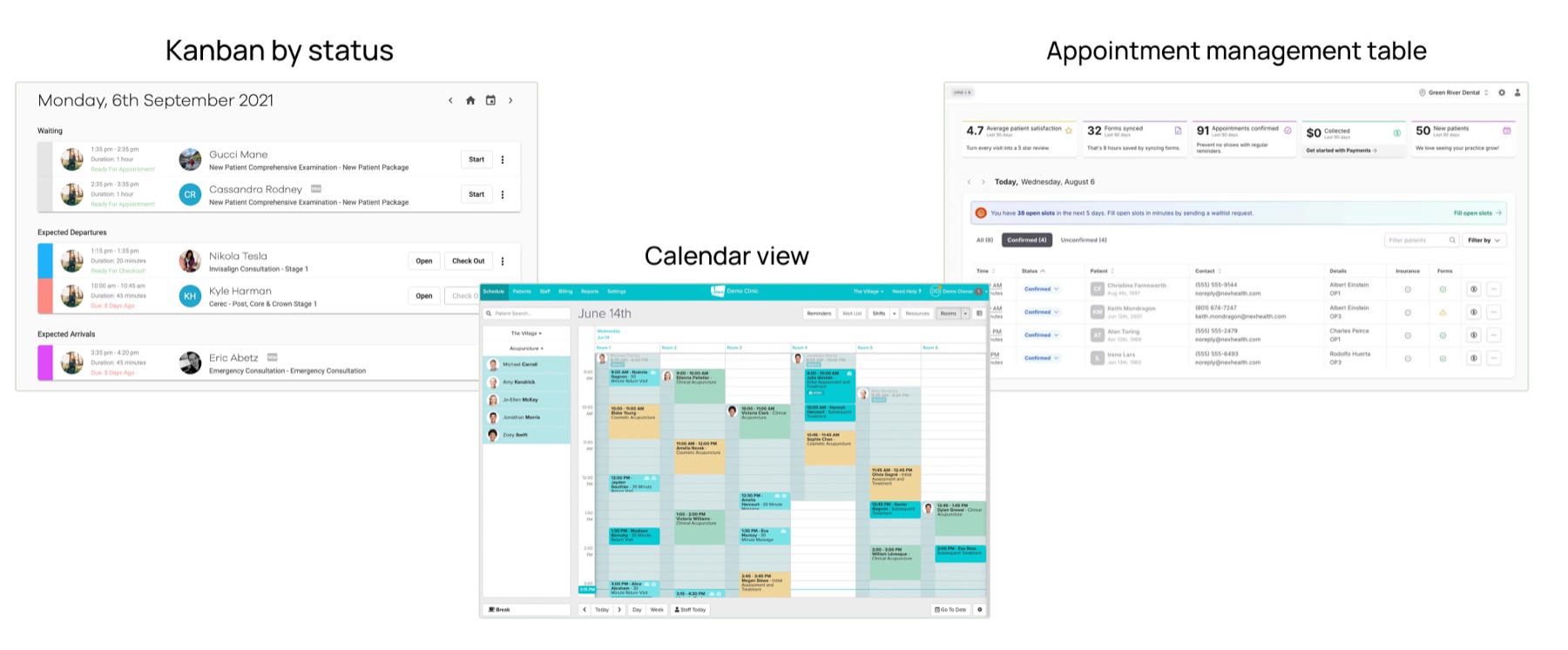 Competitive scan: Kanban by status, calendar view, and appointment management table
