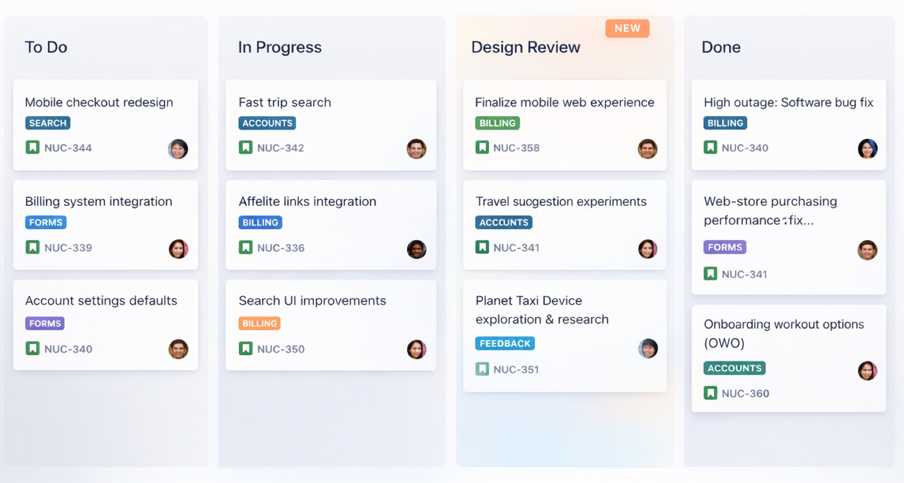 Release pipeline board with a required Design Review column before Done