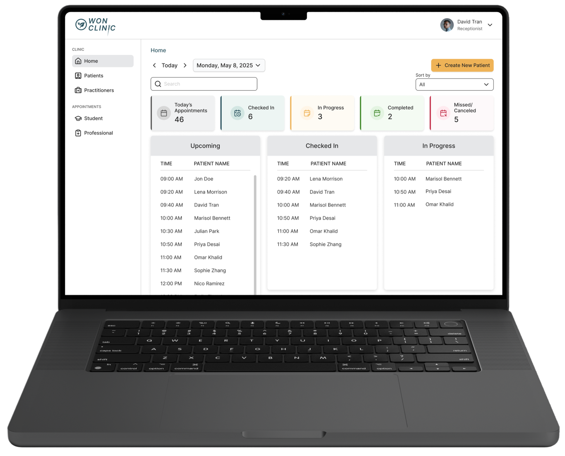 Olei receptionist dashboard shown on a laptop