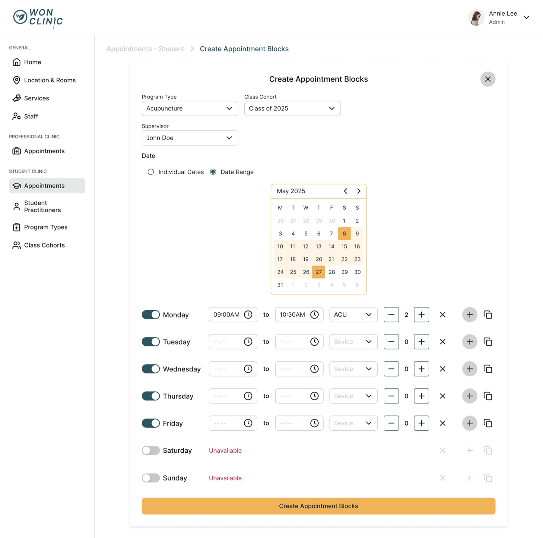 Create Appointment Blocks tool for bulk semester scheduling