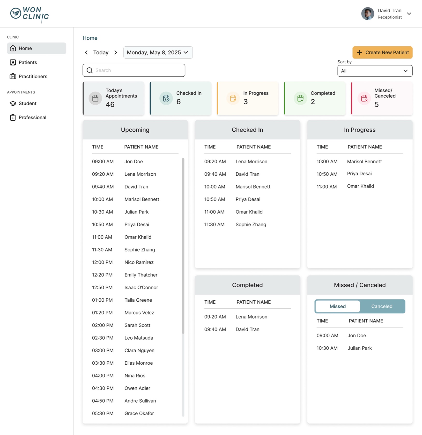Receptionist dashboard grouping appointments by status