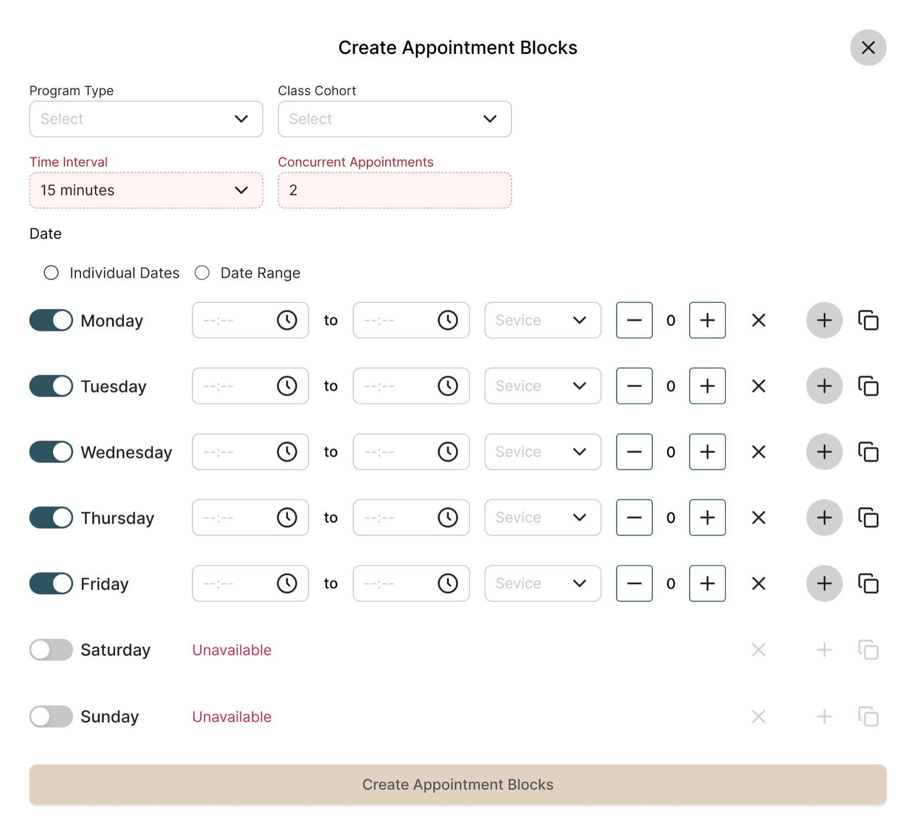 Create Appointment Blocks form highlighting the scoped time-interval and concurrency fields