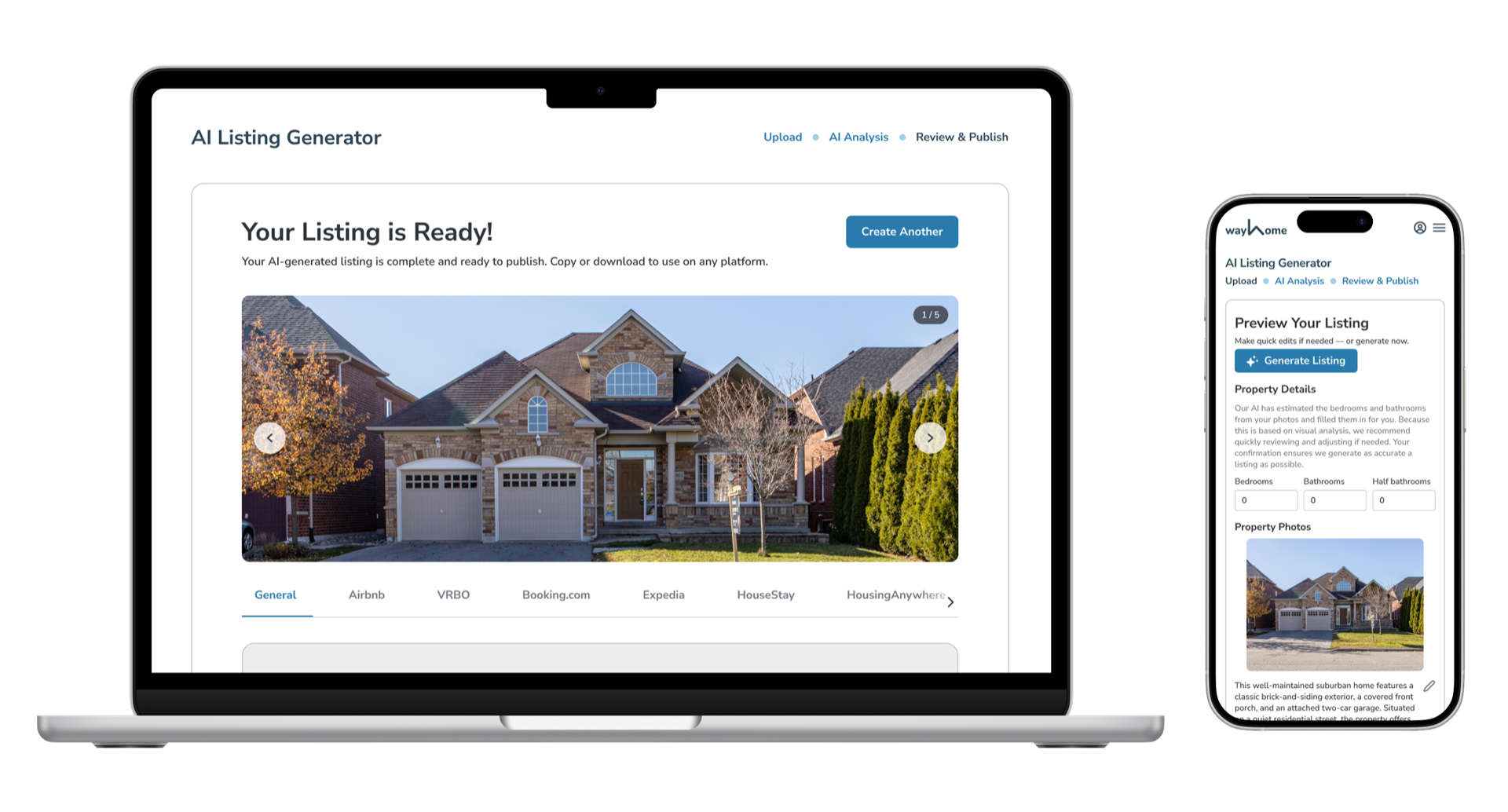 The AI Listing Generator shown across desktop and mobile