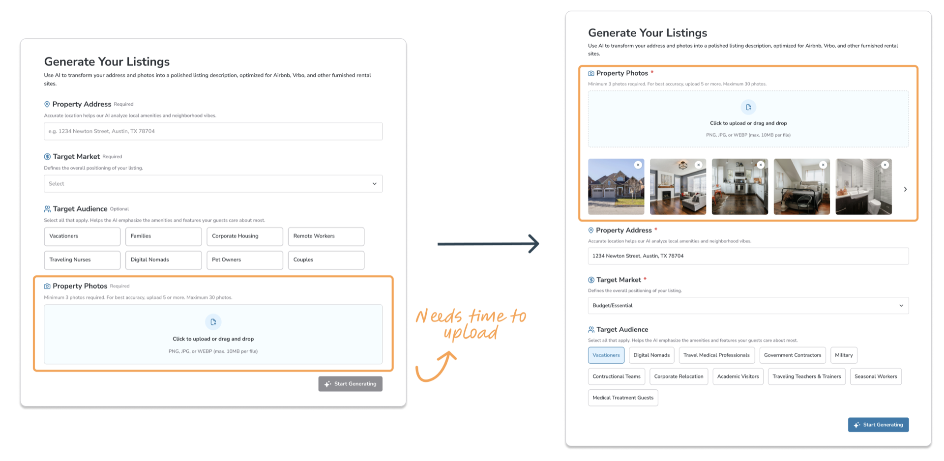 Before and after: photo upload at end vs. photo upload first