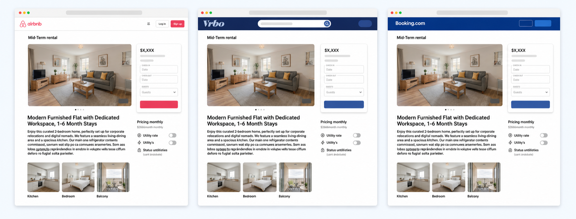 The same generic listing reused unchanged across Airbnb, Vrbo, and Booking.com